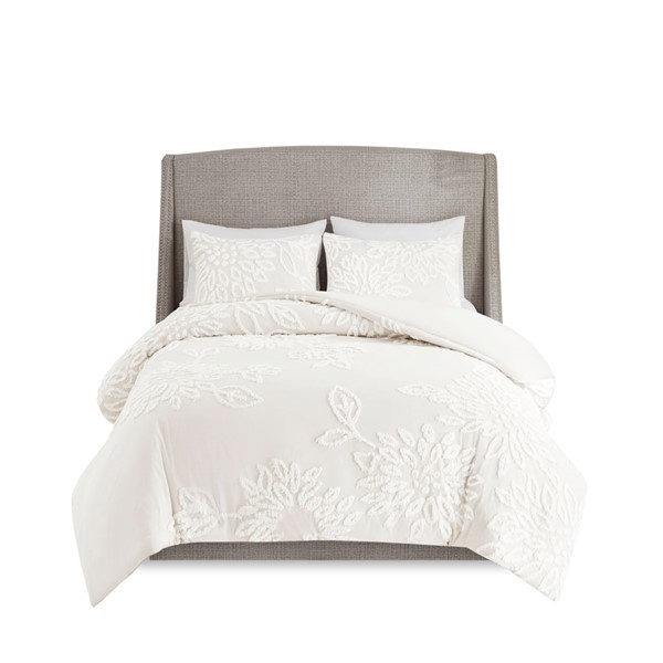 Madison Park Veronica 3 Piece Tufted Cotton Chenille Floral Duvet Cover Set in Off-White, King/Cal King MP12-7826