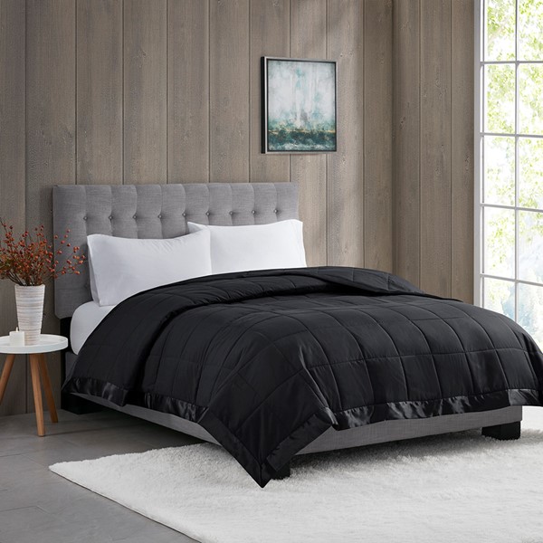 Madison Park Windom Lightweight Down Alternative Blanket with Satin Trim in Black, King MP51-8502