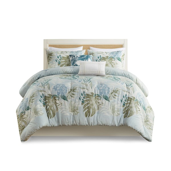 Harbor House Kiawah Island 6 Piece Oversized Cotton Comforter Set with Throw Pillow in Blue, Queen HH10-1851