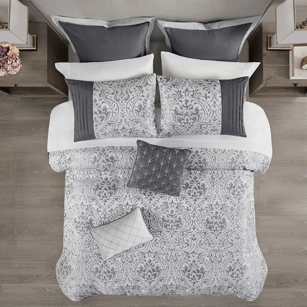 Madison Park Emilia 12 Piece Jacquard Comforter Set with Bed Sheets in Silver, King MP10-8438