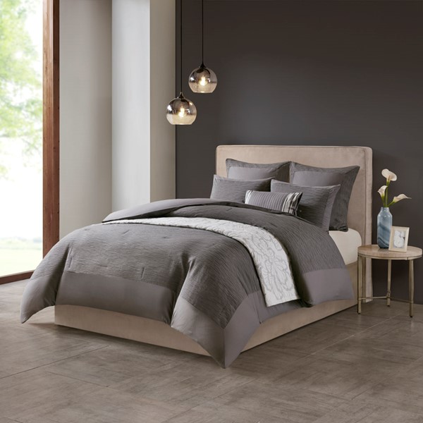 N Natori Hanae Cotton Blend Yarn Dyed 3 Piece Comforter Set in Grey, Full/Queen NS10-3249