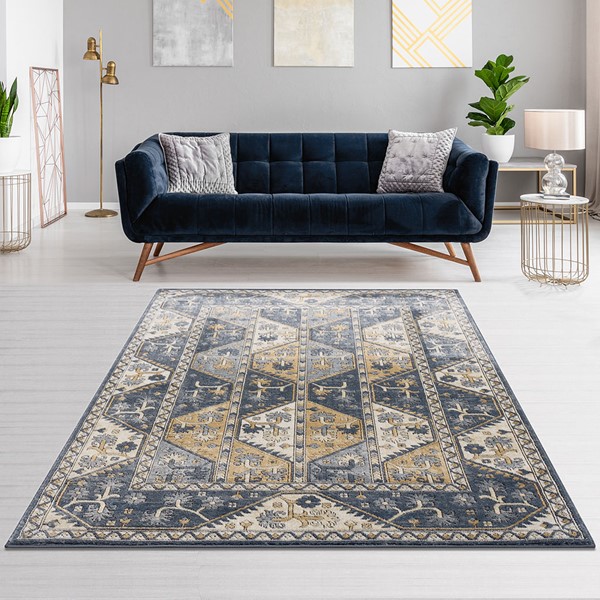 Madison Park Dakota Tiled Border Area Rug in Blue/Cream, 8x10' MP35-7559