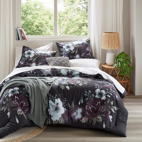 Madison Park Jolene 3 Piece Cotton Printed Comforter Set in Dark Grey/Plum, Full/Queen MP10-8490