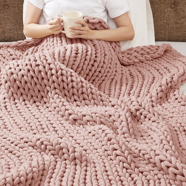 Madison Park Chunky Double Knit Handmade Throw Blanket in Blush, 50x60" MP50-6137