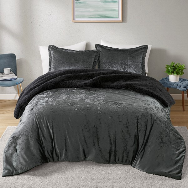 Intelligent Design Mira Crushed Velvet Sherpa Reversible Comforter Set in Charcoal, King/Cal King ID10-2381