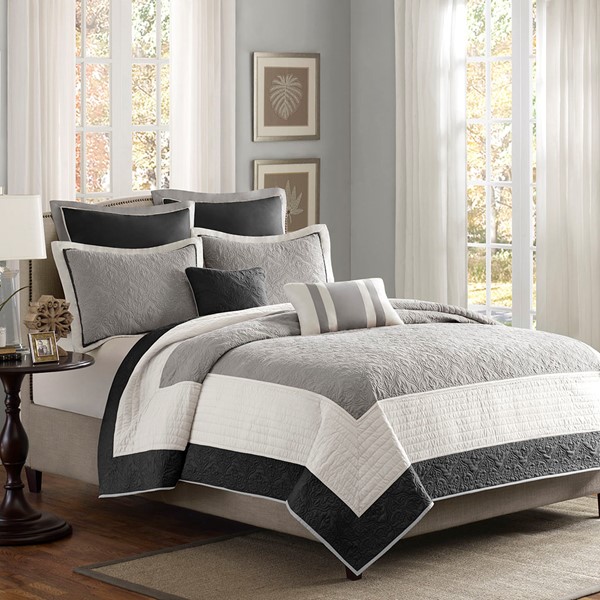 Madison Park Attingham 7 Piece Quilt Set with Euro Shams and Throw Pillows in Black, King/Cal King MP13-1742