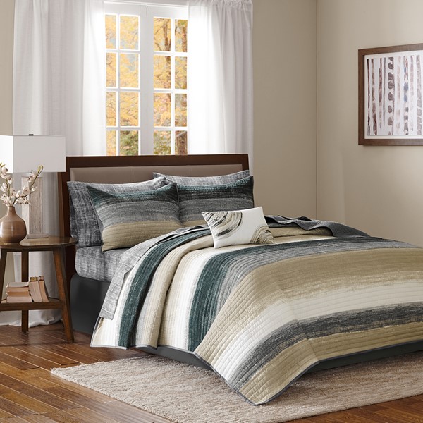 Madison Park Essentials Saben Quilt Set with Cotton Bed Sheets in Taupe, Queen MPE13-170