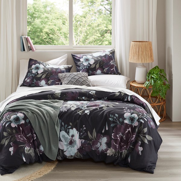 Madison Park Jolene 3 Piece Cotton Duvet Cover Set in Dark Grey/Plum, King/Cal King MP12-8493