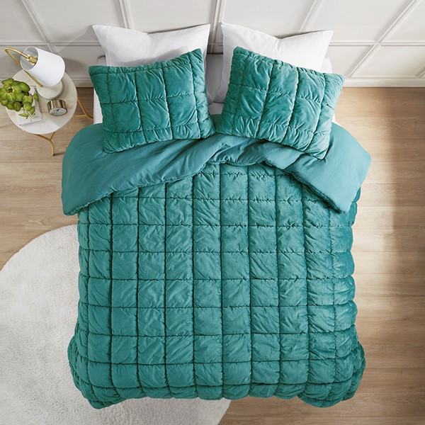 Intelligent Design Velvet Dream Puff Comforter Set in Teal, Full/Queen ID10-2343