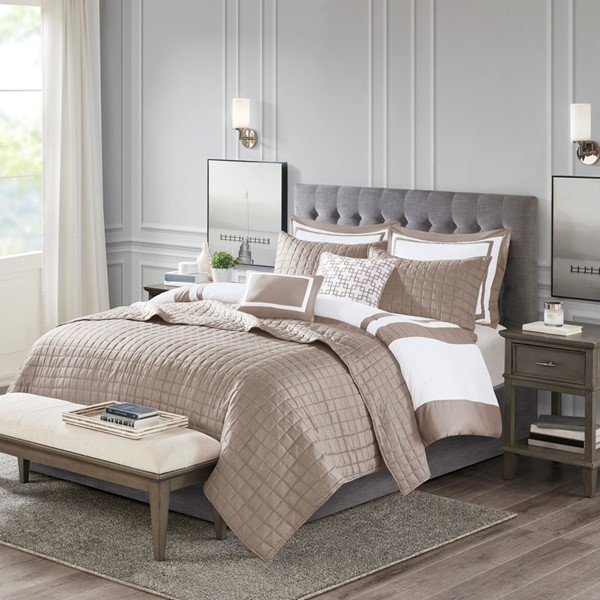 Madison Park Heritage 8 Piece Comforter and Quilt Set Collection in Taupe, Full/Queen MP10-8243