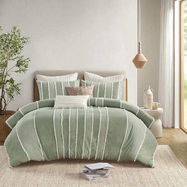 INK+IVY Shay 3 Piece Striped Cotton Duvet Cover Set in Sage, King/Cal King II12-1323