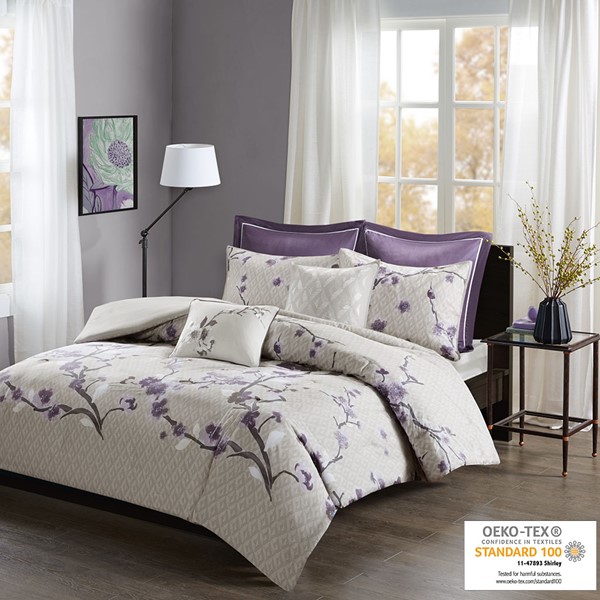 Madison Park Holly 7 Piece Cotton Duvet Cover Set in Purple/Taupe, Full/Queen MP12-4169