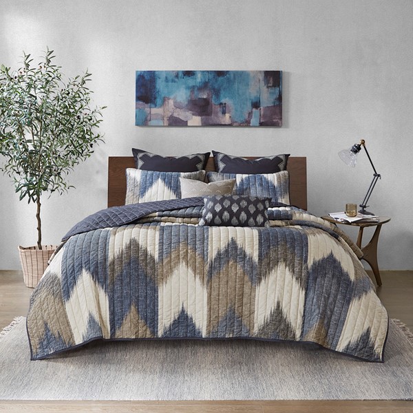 INK+IVY Alpine 3 Piece Printed Cotton Quilt Set in Navy, Full/Queen II13-1042