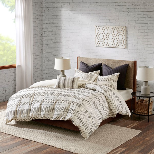 INK+IVY Rhea Cotton Jacquard Duvet Cover Mini Set in Ivory/Charcoal, Full/Queen II12-1040