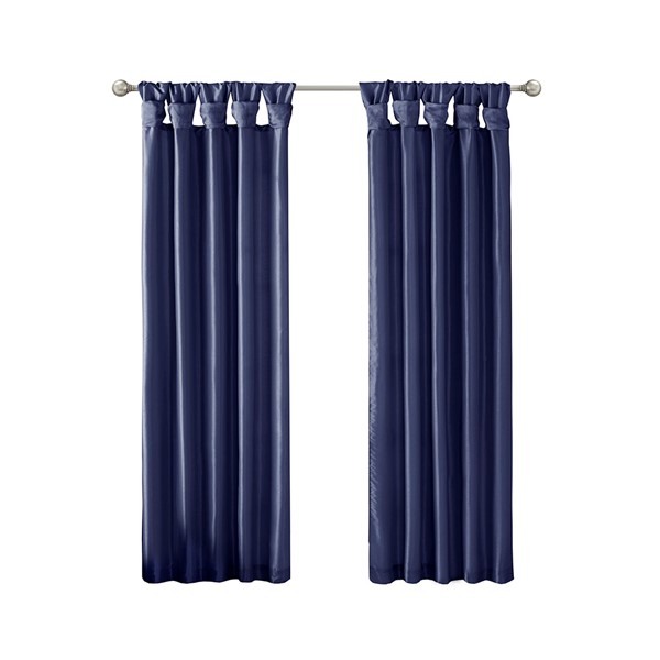 Madison Park Emilia 100% Polyester Solid Faux Silk Lined Twist Tab Window Curtain in Navy, 50x108" MP40-6318