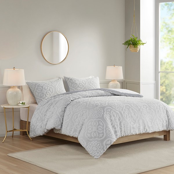 Madison Park Everly 3 Piece Tufted Woven Medallion Duvet Cover Set in Grey/White, Full/Queen MP12-8305