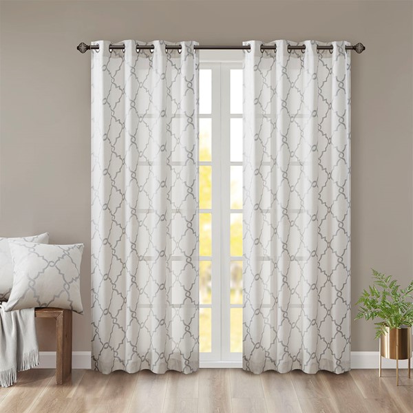 Madison Park Saratoga Fretwork Print Grommet Top Window Curtain Panel in Ivory/Grey, 50x84" MP40-2396