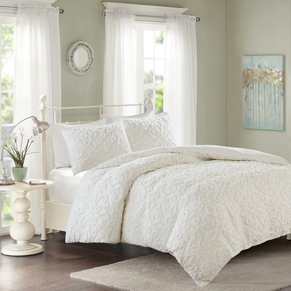 Madison Park Sabrina 3 Piece Tufted Cotton Chenille Duvet Cover Set in Off-White, King/Cal King MP12-6104