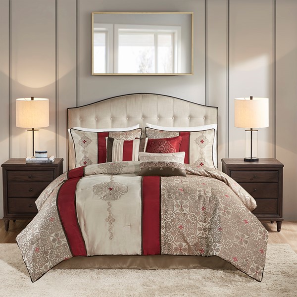 Madison Park Donovan 7 Piece Jacquard Comforter Set with Throw Pillows in Red, King MP10-750