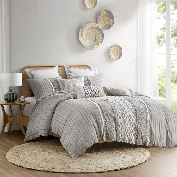 INK+IVY Imani Cotton Printed Duvet Cover Set with Chenille in Gray, King/Cal King II12-1092