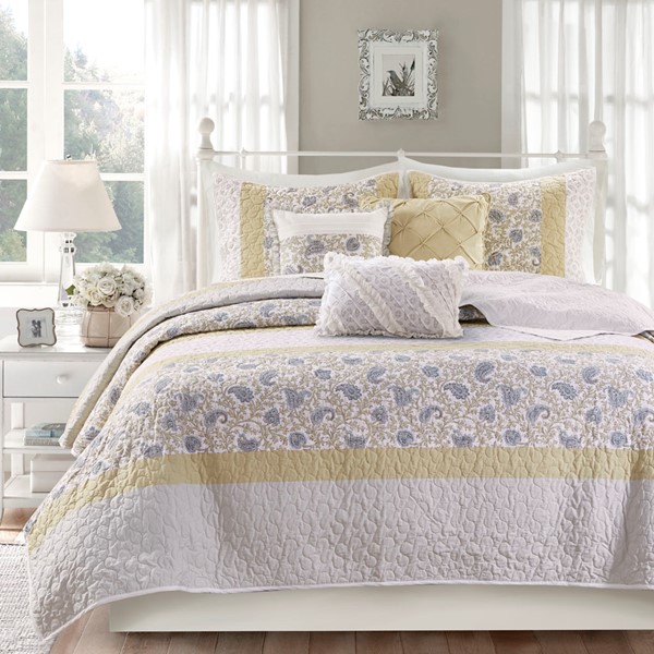 Madison Park Dawn 6 Piece Cotton Percale Quilt Set with Throw Pillows in Yellow, Full/Queen MP13-7283