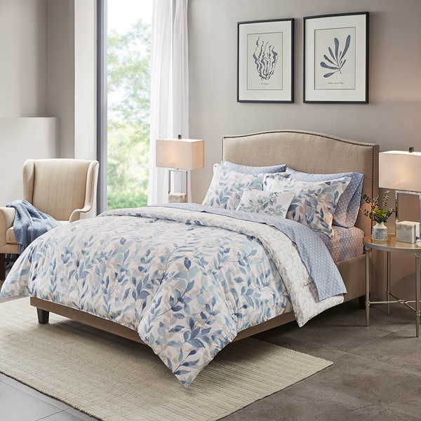 Madison Park Essentials Sofia Reversible Comforter Set with Bed Sheets in Blue, Twin MPE10-878