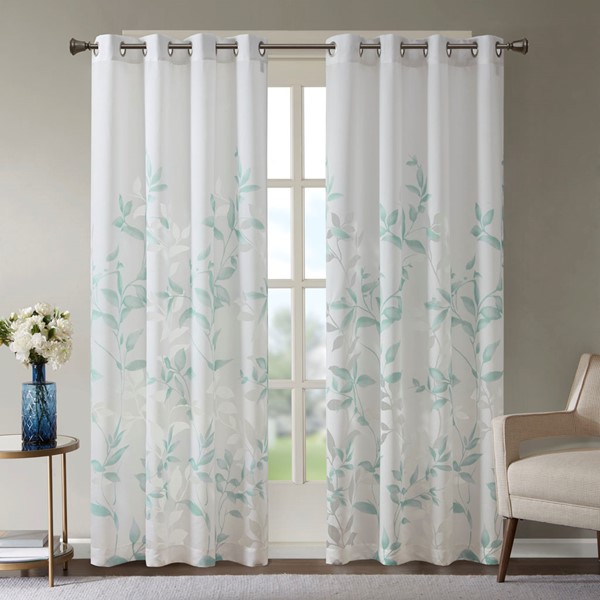 Madison Park Cecily Burnout Printed Window Curtain Panel in Aqua, 50x95" MP40-7910