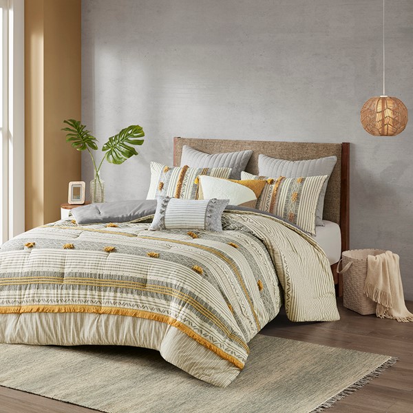 INK+IVY Cody 3 Piece Cotton Comforter Set in Gray/Yellow, Full/Queen II10-1116