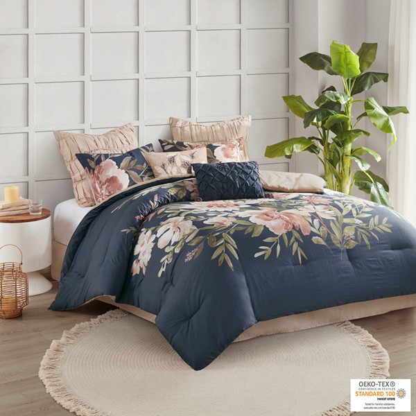 Madison Park Camillia 8 Piece Cotton Comforter Set in Navy, King MP10-7296