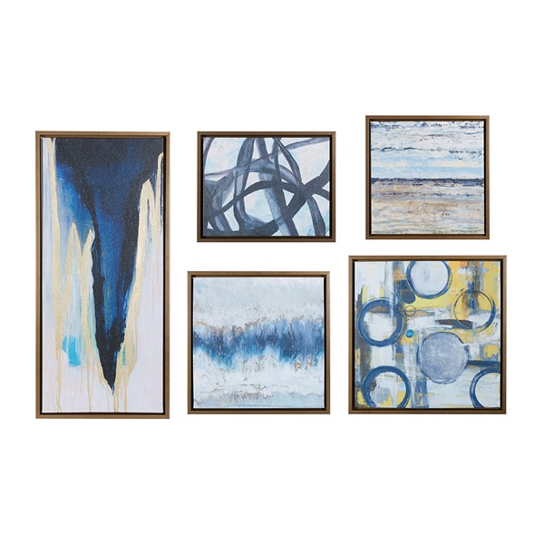 Madison Park Blue Bliss Abstract 5-piece Gallery Framed Canvas Wall Art Set in Natural MP95C-0103A