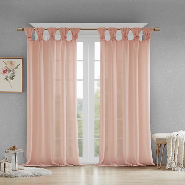 Madison Park Rosette Floral Embellished Cuff Tab Top Solid Curtain Panel in Blush, 50x84" MP40-5648