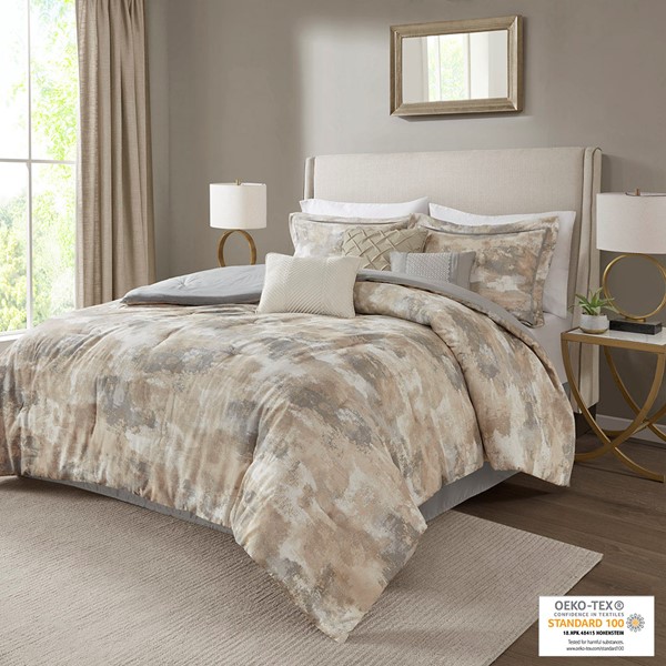 Madison Park Beacon 7 Piece Textured Cotton Blend Comforter Set in Gray, Cal King MP10-7384