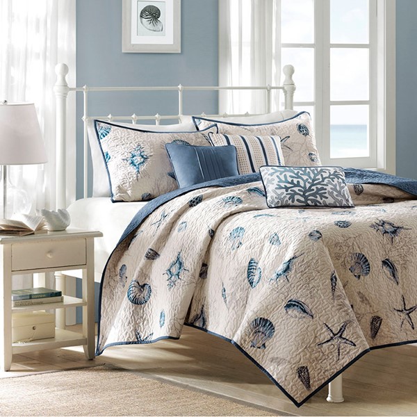 Madison Park Bayside Brushed Microfiber Quilt Set with Throw Pillows in Blue, Twin/Twin XL MP13-483