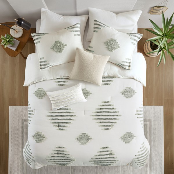 INK+IVY Tahli 3 Piece Cotton Blend Chenille Comforter Set in Green/Ivory, King/Cal King II10-1312