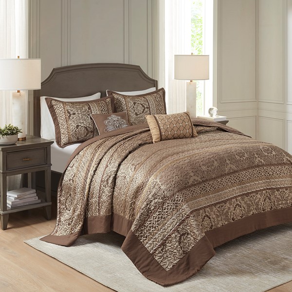 Madison Park Bellagio 5 Piece Reversible Jacquard Bedspread Set in Brown/Gold, King MP13-5319