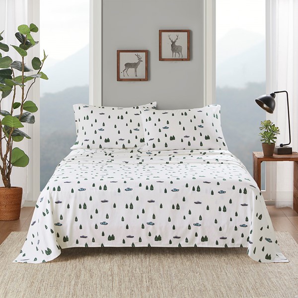 Woolrich Cotton Flannel Sheet Set in Green Trees & Trucks, King WR20-3987