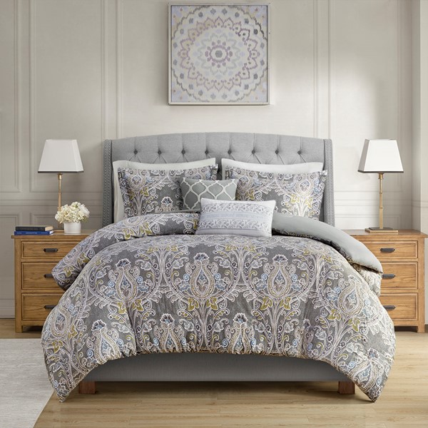 Harbor House Hallie 5 Piece Cotton Duvet Cover Set in Grey, Full/Queen HH12-1687