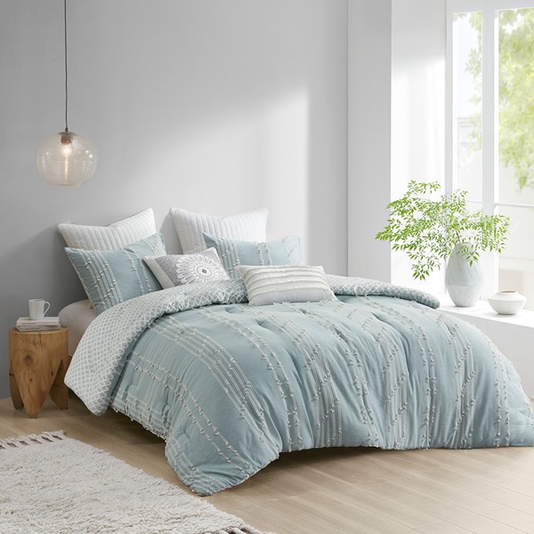 INK+IVY Kara 3 Piece Cotton Jacquard Comforter Set in Aqua, Full/Queen II10-1104