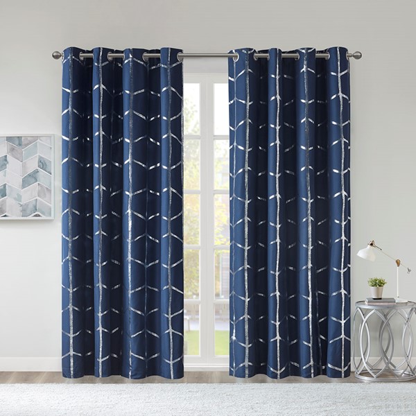 Intelligent Design Raina Total Blackout Metallic Print Grommet Top Curtain Panel in Navy/Silver, 50x63" ID40-1809