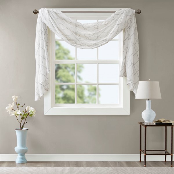 Madison Park Irina Diamond Sheer Embroidered Window Scarf in White/Grey, 50x144" MP40-4946