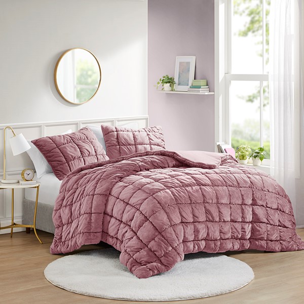 Intelligent Design Velvet Dream Puff Comforter Set in Pink, Full/Queen ID10-2340