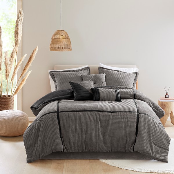 Madison Park Dallas 7 Piece Micro Corduroy Comforter Set in Grey, King MP10-8473