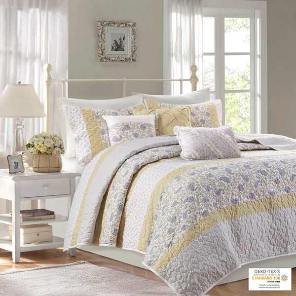 Madison Park Dawn 6 Piece Cotton Percale Quilt Set with Throw Pillows in Yellow, Full/Queen MP13-7283