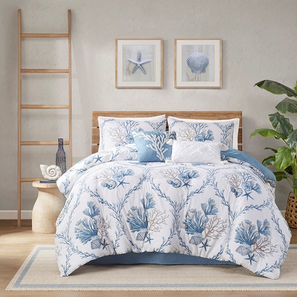 Harbor House Pismo Beach 6 Piece Oversized Cotton Comforter Set with Throw Pillows in Blue/White, Full HH10-1837