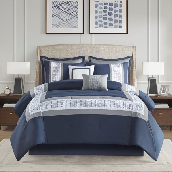 510 Design Powell 8 Piece Embroidered Comforter Set in Navy, Queen 5DS10-0277