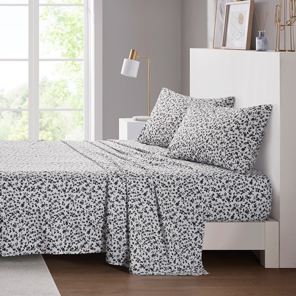 Intelligent Design Printed Microfiber Sheet Set in Black Floral, Full ID20-2219