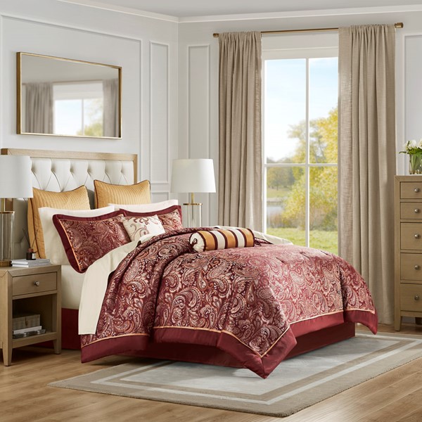 Madison Park Aubrey 12 Piece Comforter Set with Cotton Bed Sheets in Red, King MP10-320