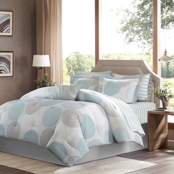 Madison Park Essentials Knowles Comforter Set with Cotton Bed Sheets in Aqua, Twin MPE10-158