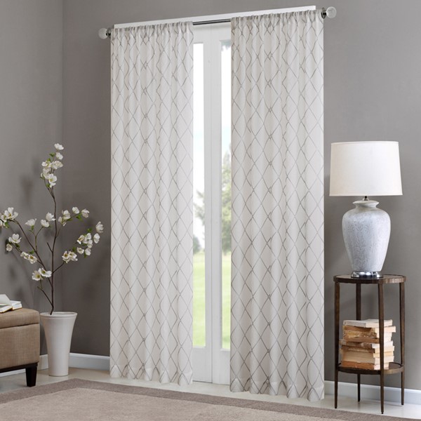 Madison Park Irina Diamond Sheer Window Curtain Panel in White/Grey, 50x95" MP40-2331