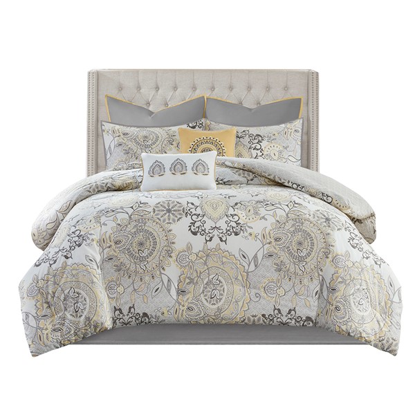 Madison Park Isla 8 Piece Cotton Floral Printed Reversible Comforter Set in Yellow, King MP10-8156